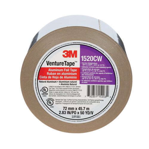 3M™ Venture Tape™ 750351-15203 Foil Tape, 2.83 in W, 50 yd L, 1.8 mil Thick, Aluminum, 21 lb/in Tensile Strength, Silver