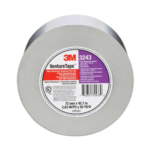 3M™ Venture Tape™ 750351-32433 High Temperature Foil Tape, 2.83 in W, 50 yd L, 1.8 mil Thick, Aluminum, Silver