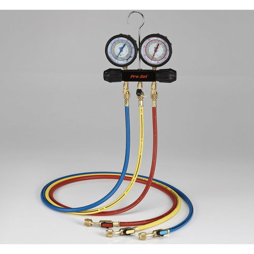 CPS® MT2A7P5E 2-Valve Manifold Gauge Set, R-454B/R-32/R-410A, 3-1/8 in Gauges, 5 ft Premium Hoses with Ball Valves