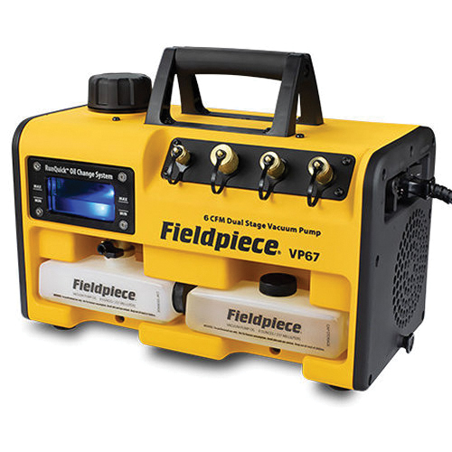 Fieldpiece VP67 Vacuum Pump, 6 cfm, 15 um Vacuum, 120 V, 1 ph, 1/2 hp Motor, (1) 1/4 in, (2) 3/8 in, (1) 1/2 in, 16 in D