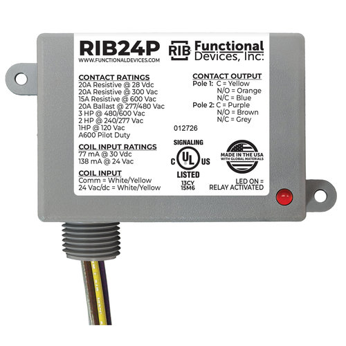 Functional Devices™ RIB24P Enclosed Relay, 24 V Control, DPDT, 24 V Switching Voltage, 20 A Switching Current, Wired