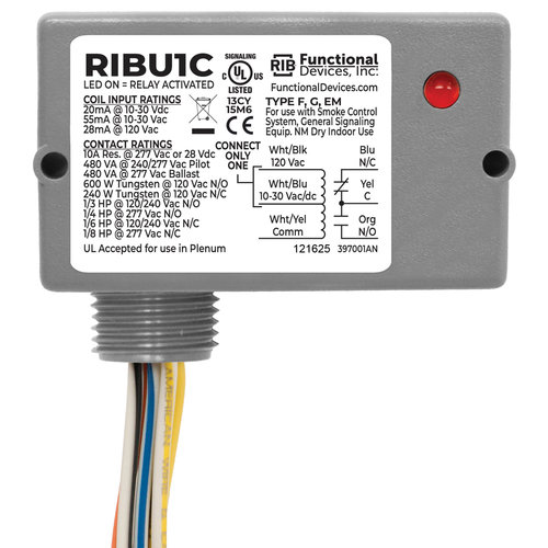 Functional Devices™ RIBU1C Enclosed Relay, 10-30 V, 120 V Control, SPDT, 10-30 V, 120 V Switching Voltage, Wired
