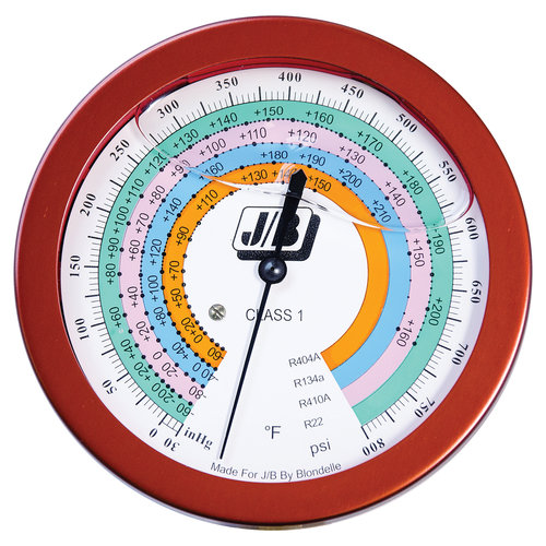 JB Industries M2-865 Liquid Filled Pressure Gauge, R-22, R-134A, R-404A, R-410A Refrigerant, 1/8 in x MPT, Zytel Body