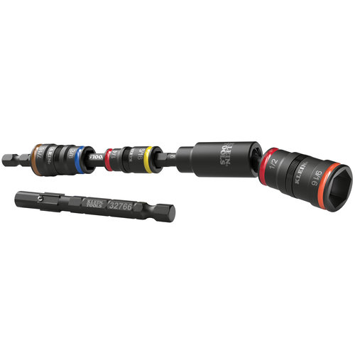 KLEIN TOOLS® 32984 Impact Flip Socket Set With Swivel Adapter, 6-Piece, SAE, 1/4 in Drive, Steel, 7.45 in L, 0.76 in W