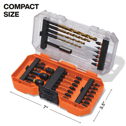 KLEIN TOOLS® 33811 Drill and Driver Bit Set, 32-Piece, SAE, 3/8 in Drive, Alloy Steel, 7 in L, 3.7 in W, 1-3/4 in D