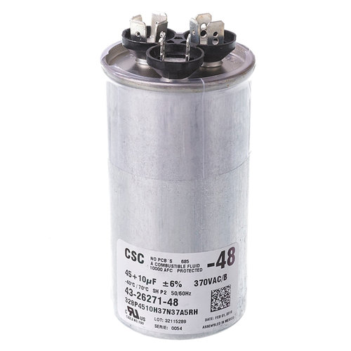 PROTECH™ 43-26271-48 Capacitor, 45/10 uF MFD, 370 V, Round, Dual Run Capacitor, 2 in Dia, Quick-Connect, 3-3/4 in H