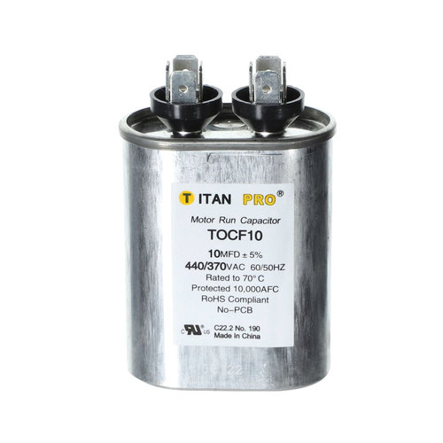TITAN PRO® TOCF10 Motor Run Capacitor, 10 uF MFD, 370-440 V, Oval, 2.56 in H, 2.03 in W, 1.24 in D, 50/60 Hz