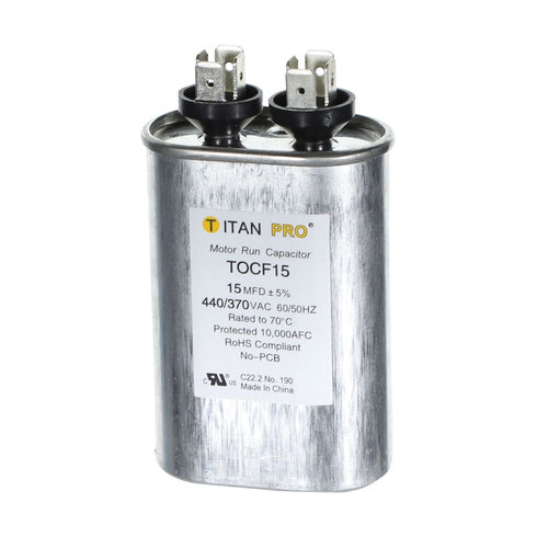 TITAN PRO® TOCF15 Motor Run Capacitor, 15 uF MFD, 370-440 V, Oval, 2.95 in H, 2.03 in W, 1.24 in D, 50/60 Hz