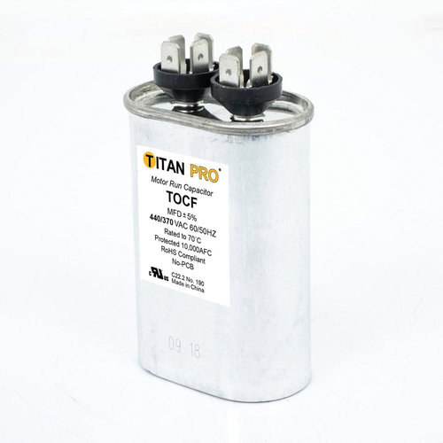 TITAN PRO® TOCF20 Motor Run Capacitor, 20 uF MFD, 370-440 V, Oval, 2.68 in H, 2.8 in W, 1.77 in D, 50/60 Hz