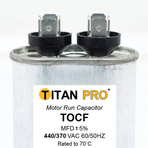 TITAN PRO® TOCF20 Motor Run Capacitor, 20 uF MFD, 370-440 V, Oval, 2.68 in H, 2.8 in W, 1.77 in D, 50/60 Hz