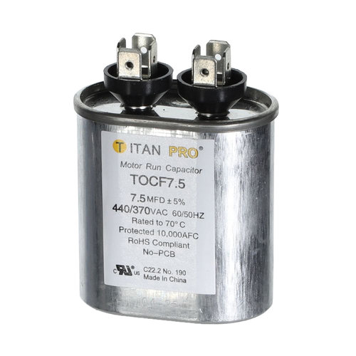 TITAN PRO® TOCF7.5 Motor Run Capacitor, 7.5 uF MFD, 370-440 V, Oval, 2.17 in H, 2.03 in W, 1.24 in D, 50/60 Hz