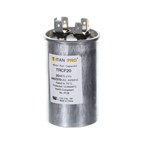 TITAN PRO® TRCF20 Motor Run Capacitor, 20 uF MFD, 370-440 V, Round, 1.77 in Dia, 2.95 in H, 50/60 Hz