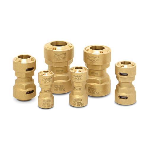 ZoomLock® 777100 Coupling, 1/4 in x 1/4 in, Push-to-Connect x Push-to-Connect, 870 psig Max Working Pressure, Brass