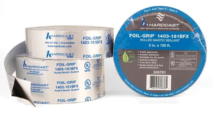 HARDCAST® AFG-1403-2 Foil-Grip Duct Sealant Tape, 2 in x 100 ft, Printed UL 181B-FX, 24 Rolls per Case