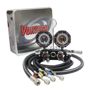 CPS® BlackMax® Black & Chrome™ Vortech Valve™ Series MV4H4P5EZ Manifold and Gauge Set, 4-Valves, 30 to 800 psi Gauge