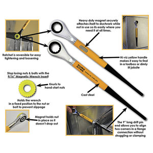 Duro Dyne® DYN-O-MATE® 013289 Magnetic Drift Pin Ratchet Tool, Steel, SAE, 9/16 in Drive, 9 in L