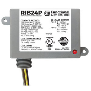 Functional Devices™ RIB24P Enclosed Relay, 24 V Control, DPDT, 24 V Switching Voltage, 20 A Switching Current, Wired