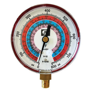 JB Industries M2-862 A2L Illuminating Pressure Gauge, R-32, R-410A, R-454B Refrigerant, 1/8 in x MPT, Steel Body, Red
