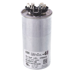 PROTECH™ 43-26271-48 Capacitor, 45/10 uF MFD, 370 V, Round, Dual Run Capacitor, 2 in Dia, Quick-Connect, 3-3/4 in H