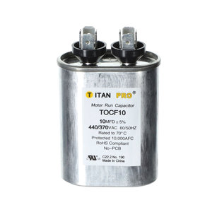 TITAN PRO® TOCF10 Motor Run Capacitor, 10 uF MFD, 370-440 V, Oval, 2.56 in H, 2.03 in W, 1.24 in D, 50/60 Hz