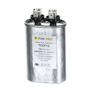 TITAN PRO® TOCF15 Motor Run Capacitor, 15 uF MFD, 370-440 V, Oval, 2.95 in H, 2.03 in W, 1.24 in D, 50/60 Hz